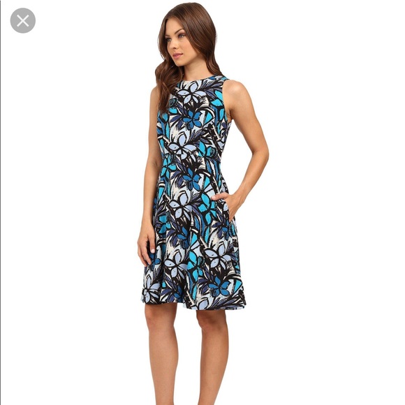 Donna Morgan Blue Floral Faille Fit Flare Dress 0 - Picture 3 of 8